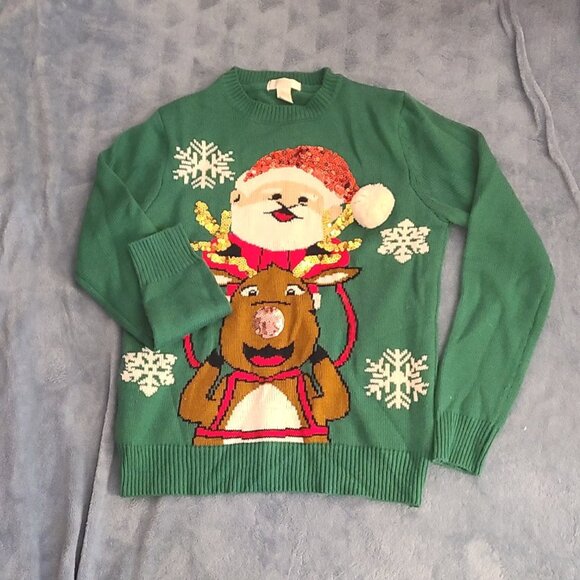 Girl's FOREVER 21 Santa Reindeer sweater green  Size S - Picture 1 of 2